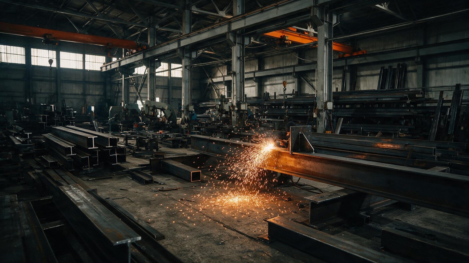 Steel fabrication workshop with structural beams