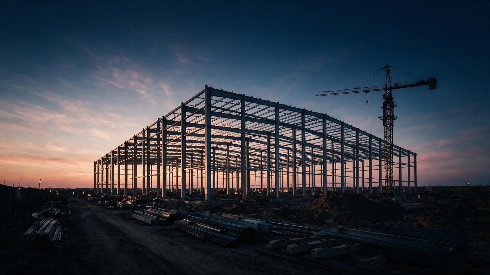 Industrial construction site at dusk with steel structures